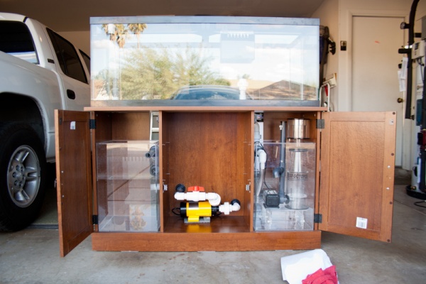 overall shot of the front. From left to right: 
 - The Refugium Sump
 - The Return Pump
 - The Protein Skimmer/Return Sump